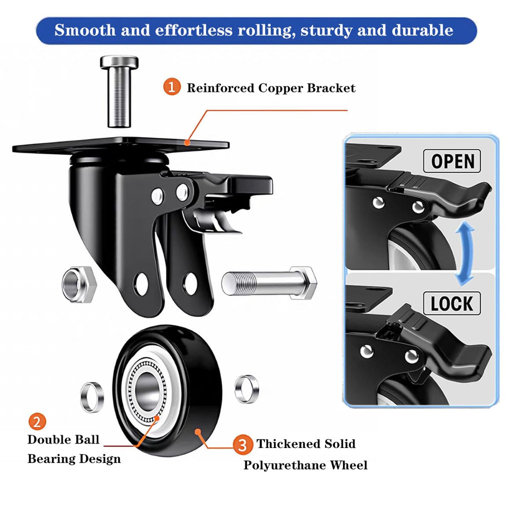 2 Inch Caster Wheels, Set of 6 Heavy Duty Swivel Plate Casters with Brake | Industrial Casters with Dual Ball