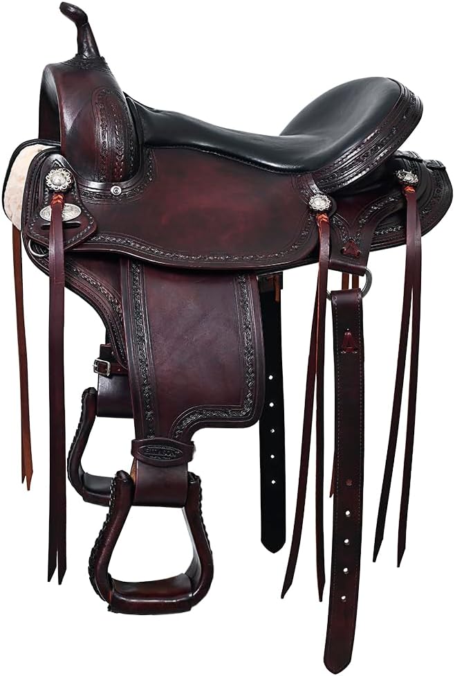 Hand-Tooled Flex Tree Western Saddle Dark Brown Trail
