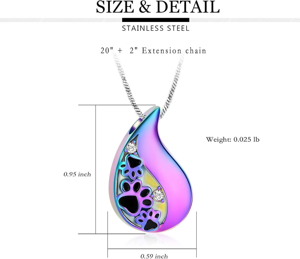 Pet Paw Print Teardrop Urn Necklace for Ashes for Dog/Cat Ashes Keepsake Memorial Pet Cremation Jewelry