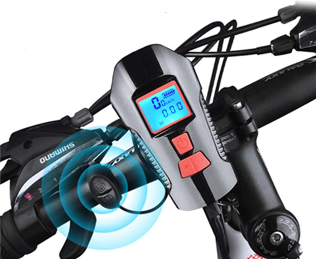 220LM LED Bike Front Light with Horn & Speedometer, USB Rechargeable IP4 Waterproof ABS Flashlight, 3-5h Runtime