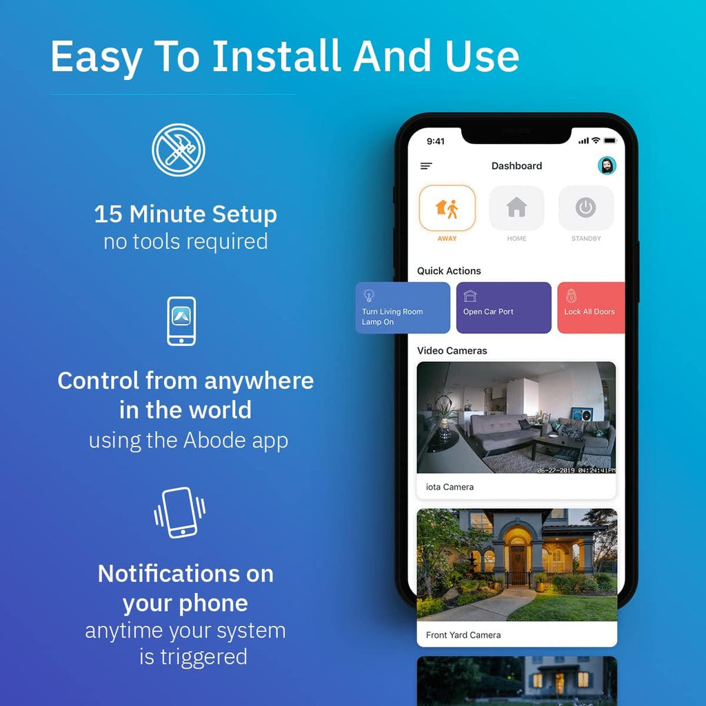 Iota All-in-One Security Kit with Integrated Camera, Alarm, Key Fob, Motion & Door/Window Sensors - DIY Installation