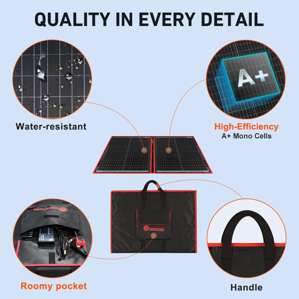 100W Portable Foldable Solar Panel Kit for 12V Battery Charging | Folds to 19 x 26 in and weighs 5.3 lb; includes