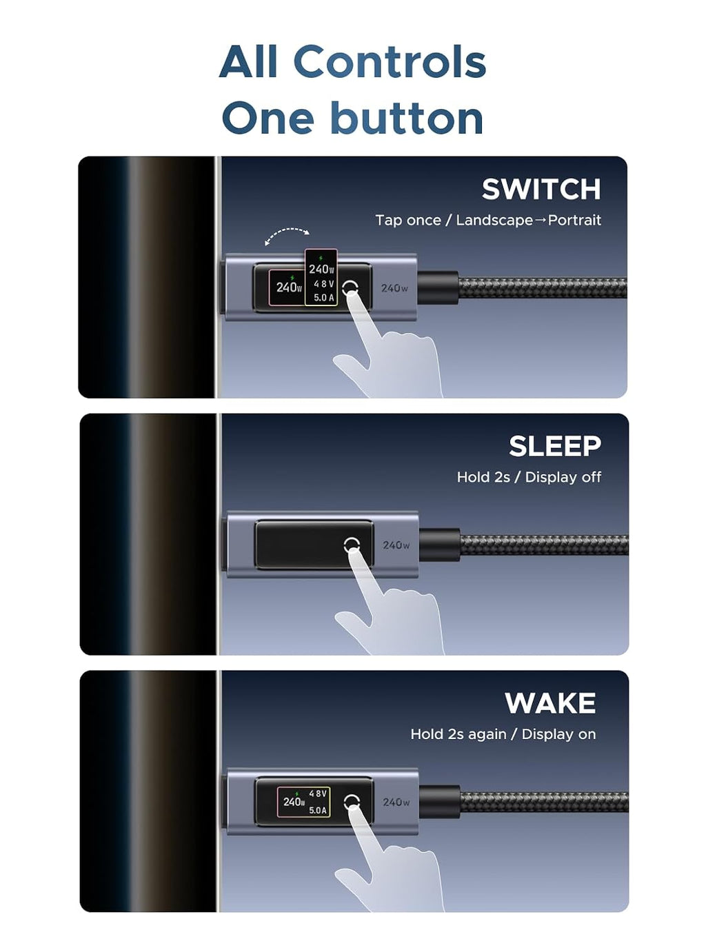 Nexode 240W USB-C to USB-C Cable with TFT Smart Display, 6.6ft | Tap to rotate, long-press off. Nylon braided +