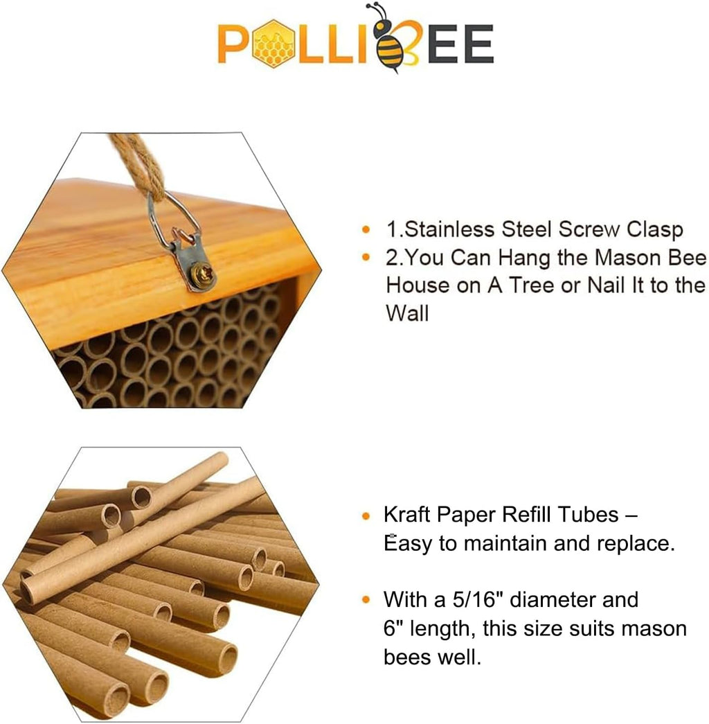 Mason Bee House - Handmade Natural Wooden Bee Hive Coated with Wax for Water-Proof and Long Service Life - Attracts