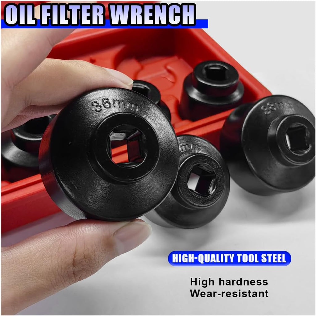 7PCS Car Oil Filter Socket Set, 24, 27, 29, 30, 32, 36, 38mm Auto Fuel Filter Cap Installer Remover Kit, 3/8" Drive