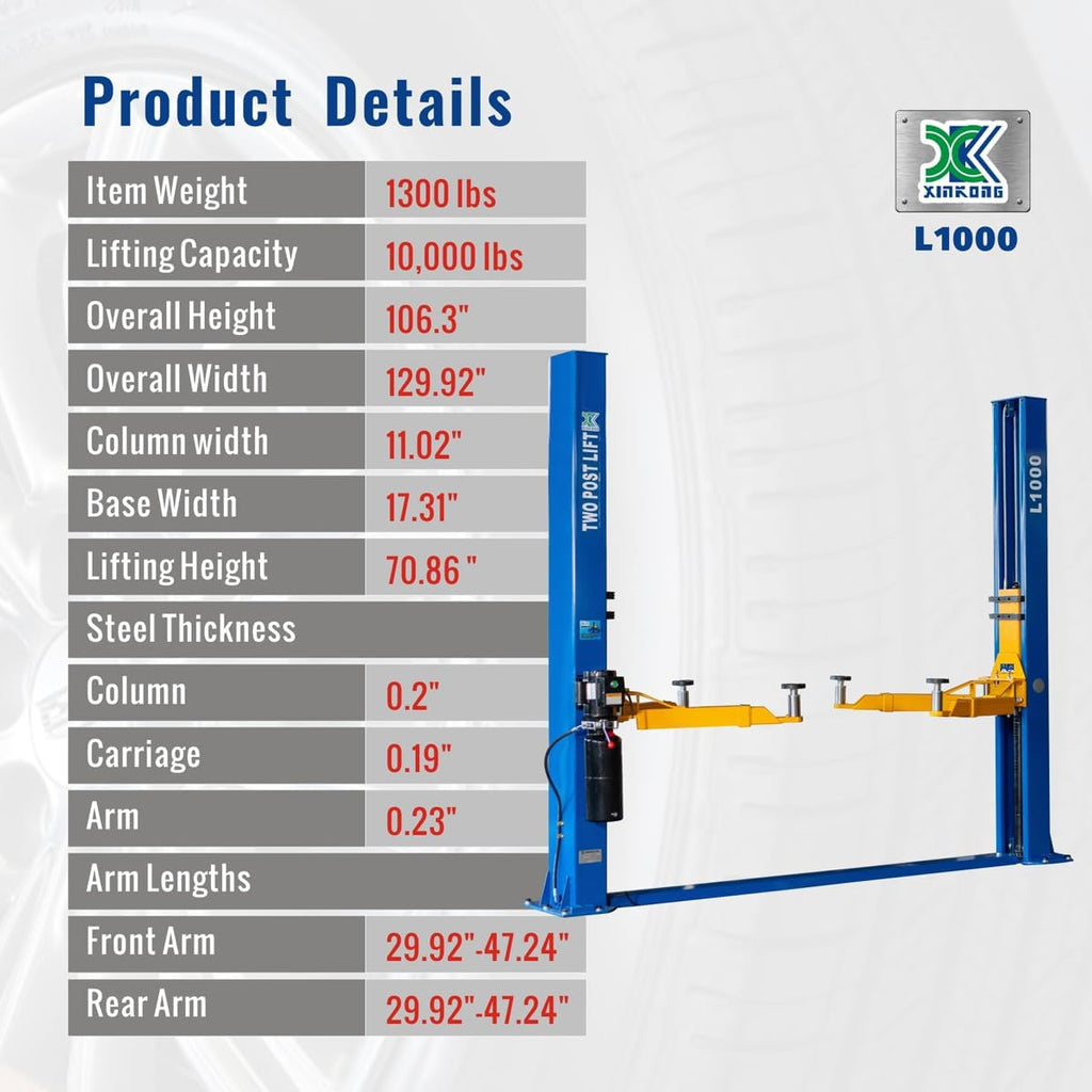 2 Post Auto Car Lift 10000 lb Capacity Truck Clear Floor 220V,L1000