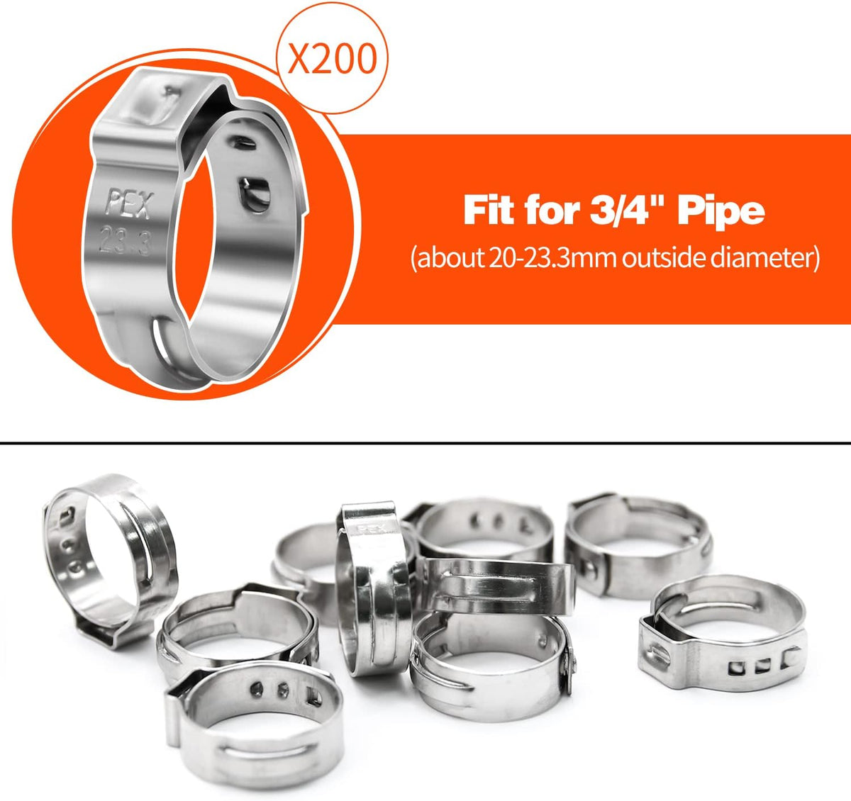 200 Pack 3/4" PEX Cinch Clamps, Stainless Steel Single Ear Hose Clamps