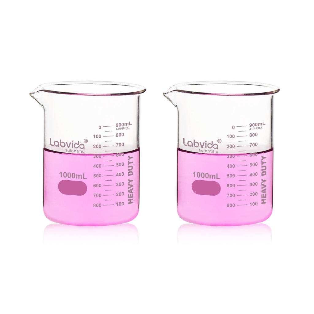 2pcs 1000ml Upgrated Thick Glass Beakers, Griffin Low Form Beaker Set with Double Scale, 3.3 Boro, LVA014