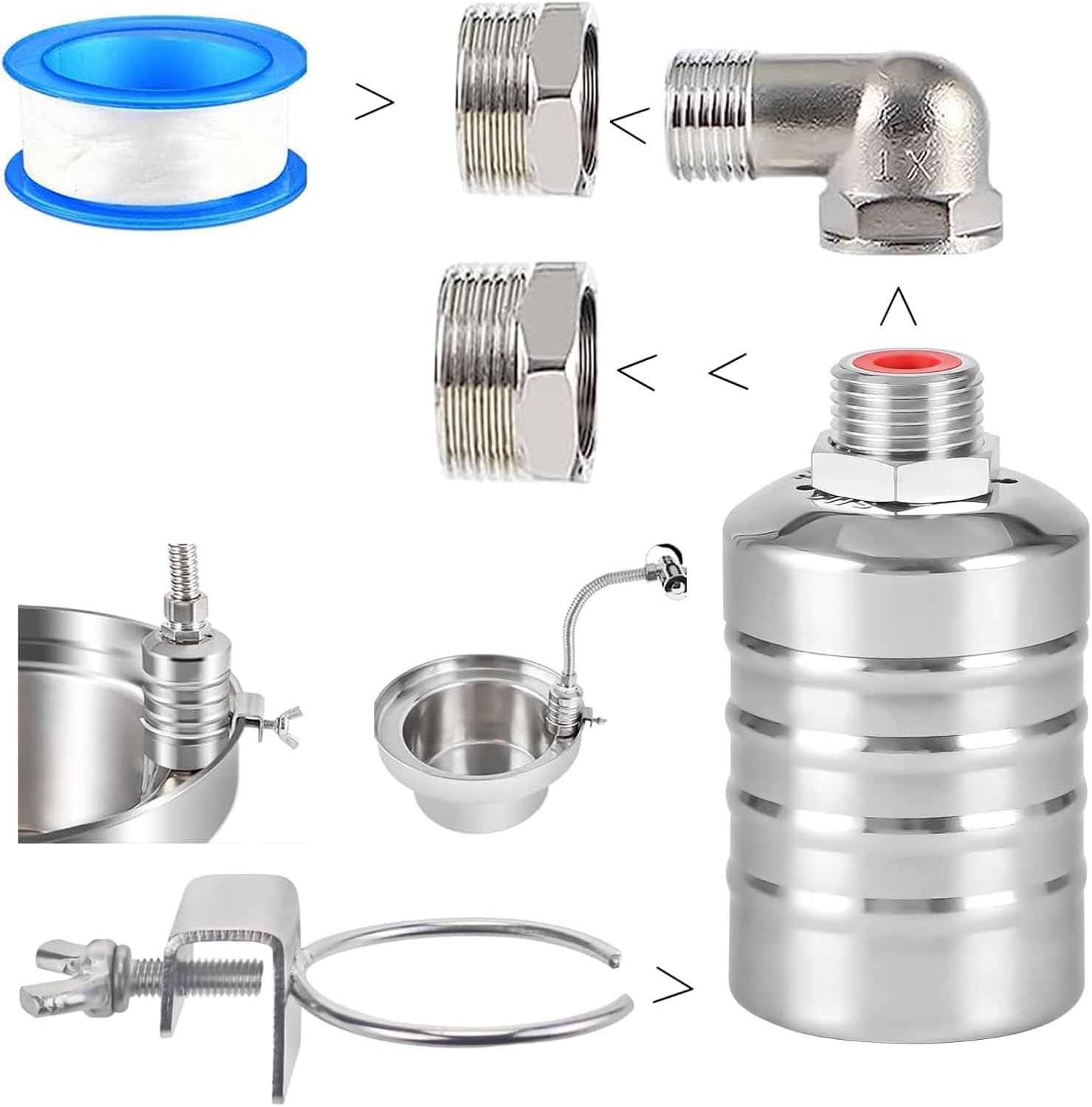 Upgraded Water Float Valve With 1/2" Bend and Adapters, 304 Stainless Steel Automatic Waterline Controller for