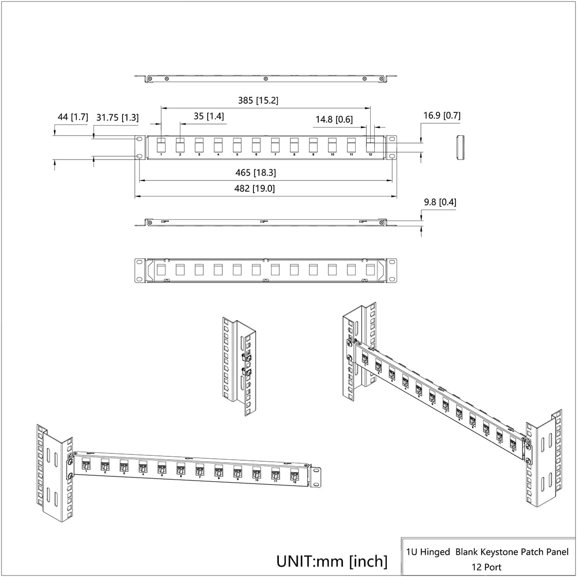 1U Hinged 12-Port Blank Keystone Patch Panel, 19" Metal