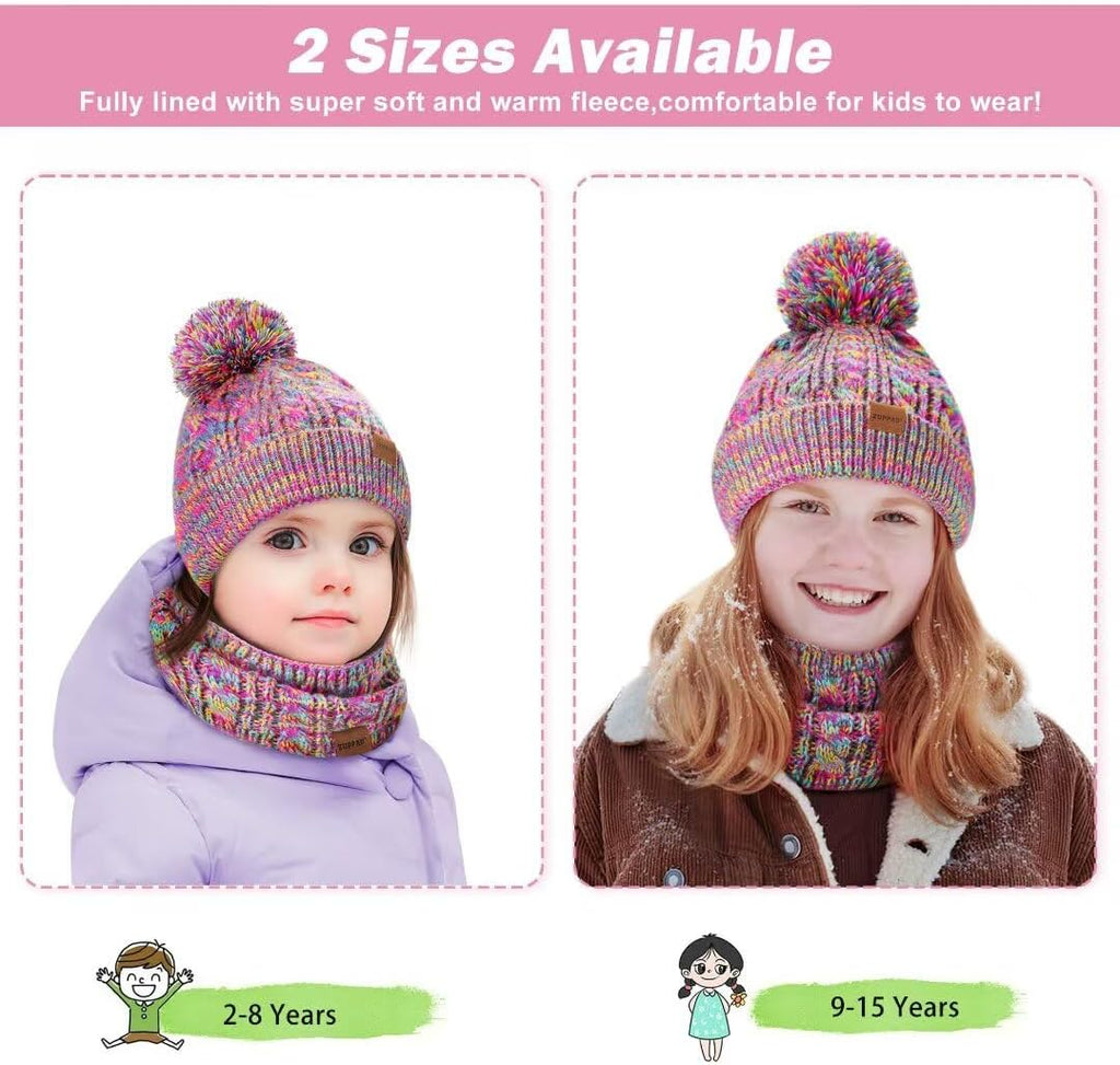 Kids Winter Hat Gloves Scarf Set,Girls Toddler Children Hats Beanie with Pom Knit Neck Warmer Gaiter Mittens Fleece