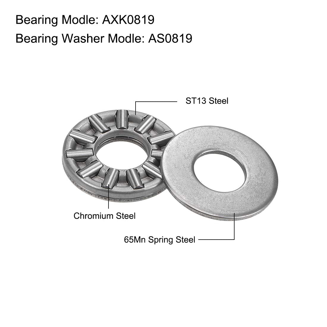 uxcell AXK0819 Thrust Needle Roller Bearings with Washers 8mm Bore 19mm OD 2mm Width 10pcs