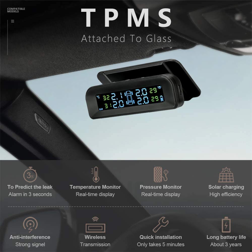 Tire Pressure Monitoring System Wireless Solar TPMS, Tire Pressure Monitor Installed on Windowshield with 4 External
