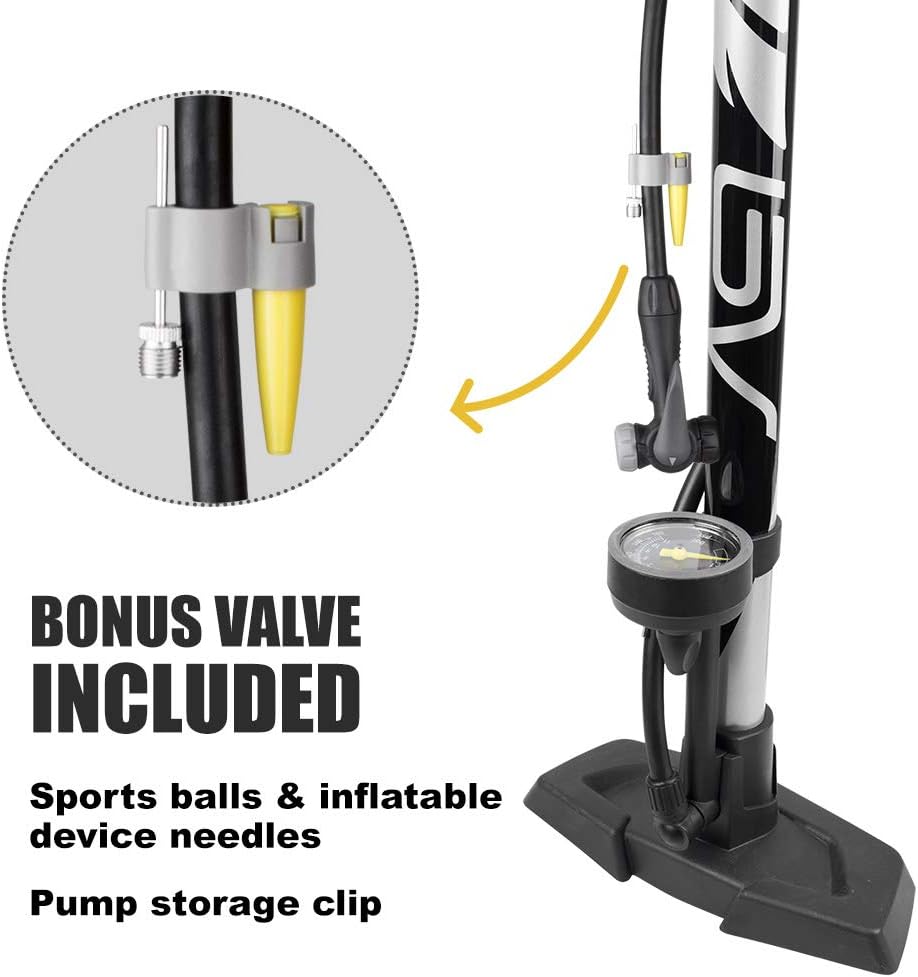 Bicycle Pump Durable Bike Floor Pump 17/24 inch Smart Valve Head, 160 psi, Automatically Reversible Presta and Schrader