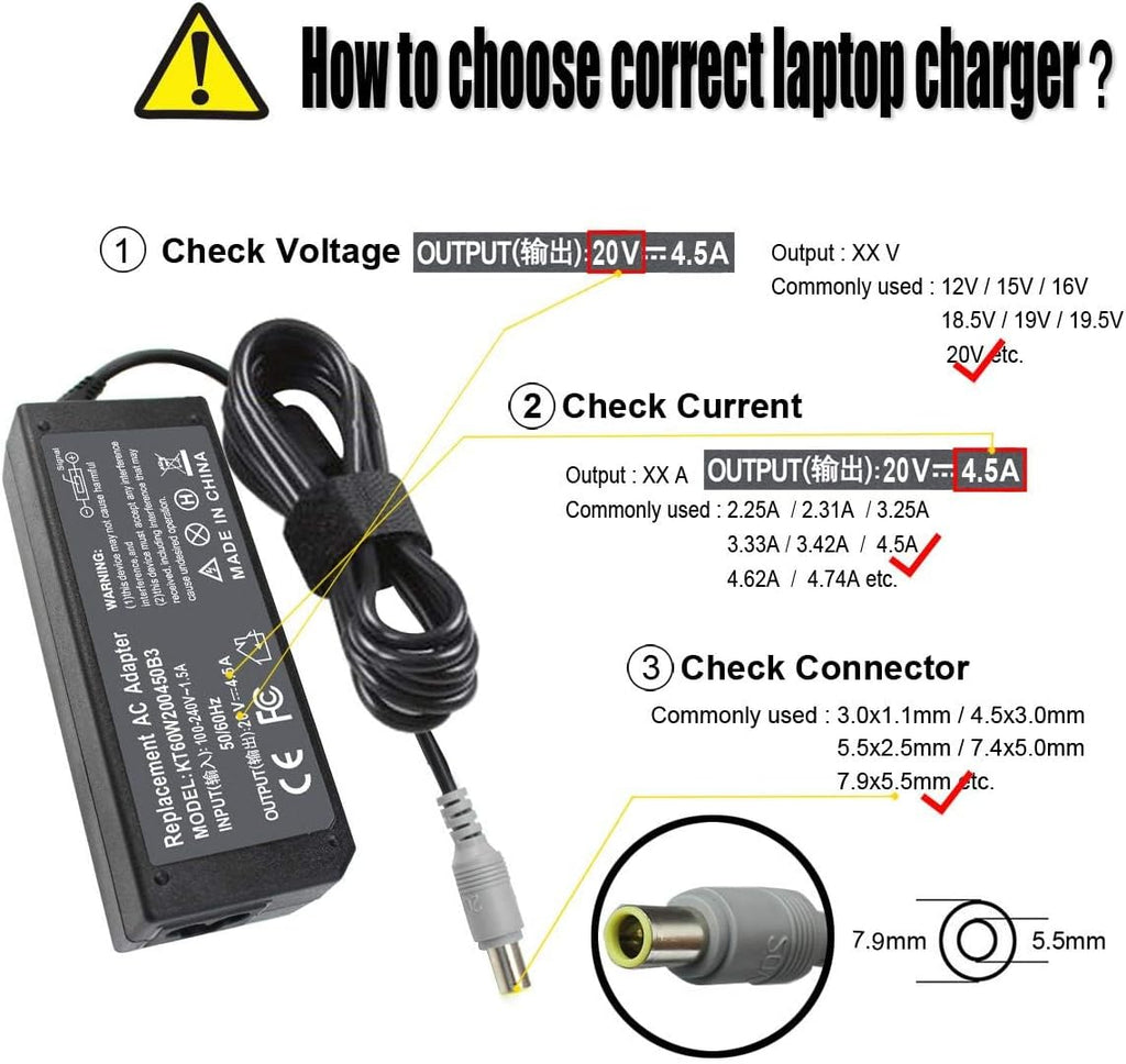 90W 20V 4.5A AC Adapter Charger Compatible with Lenovo Thinkpad T60 T61 T400 T410 T420 T430 T500 T510 T520 T530 X60 Z60 X200 X201 X220 X230 X61 L420 L430 Edge 14 15 E420 E430 E530 Power Supply