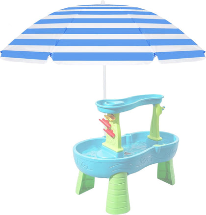 Water Table Umbrella Beach Umbrella & Picnic Table Shade for Kids, Blue White Striped Sandbox Parasol, Adjustable