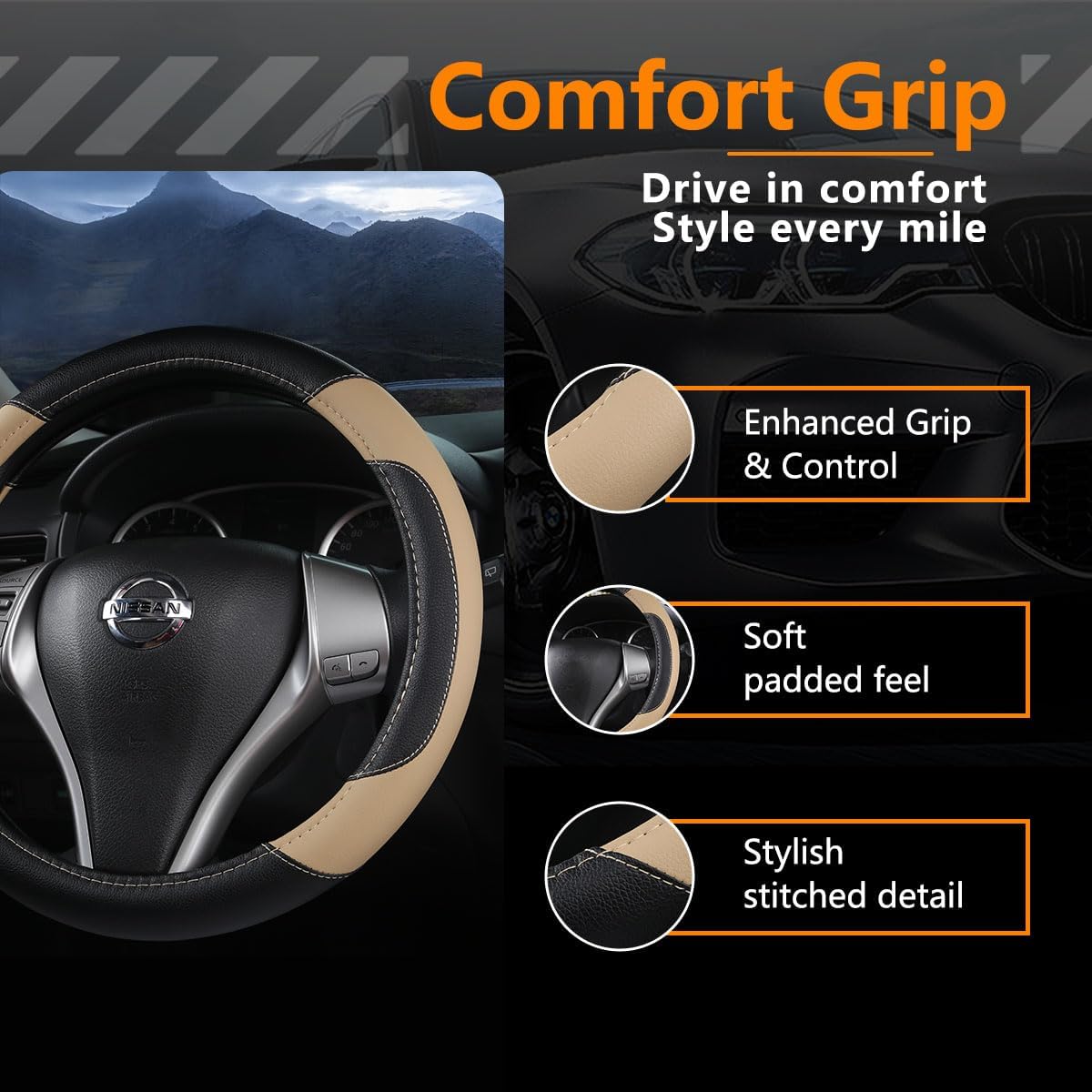 Leather Car Steering Wheel Cover, Non-Slip Car Wheel Cover Protector Breathable Microfiber Leather Universal Fit for