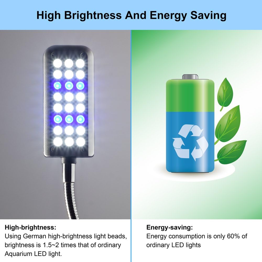 Aquarium Light Small LED Clip Light for Fish Tank, 1 Yr Warranty