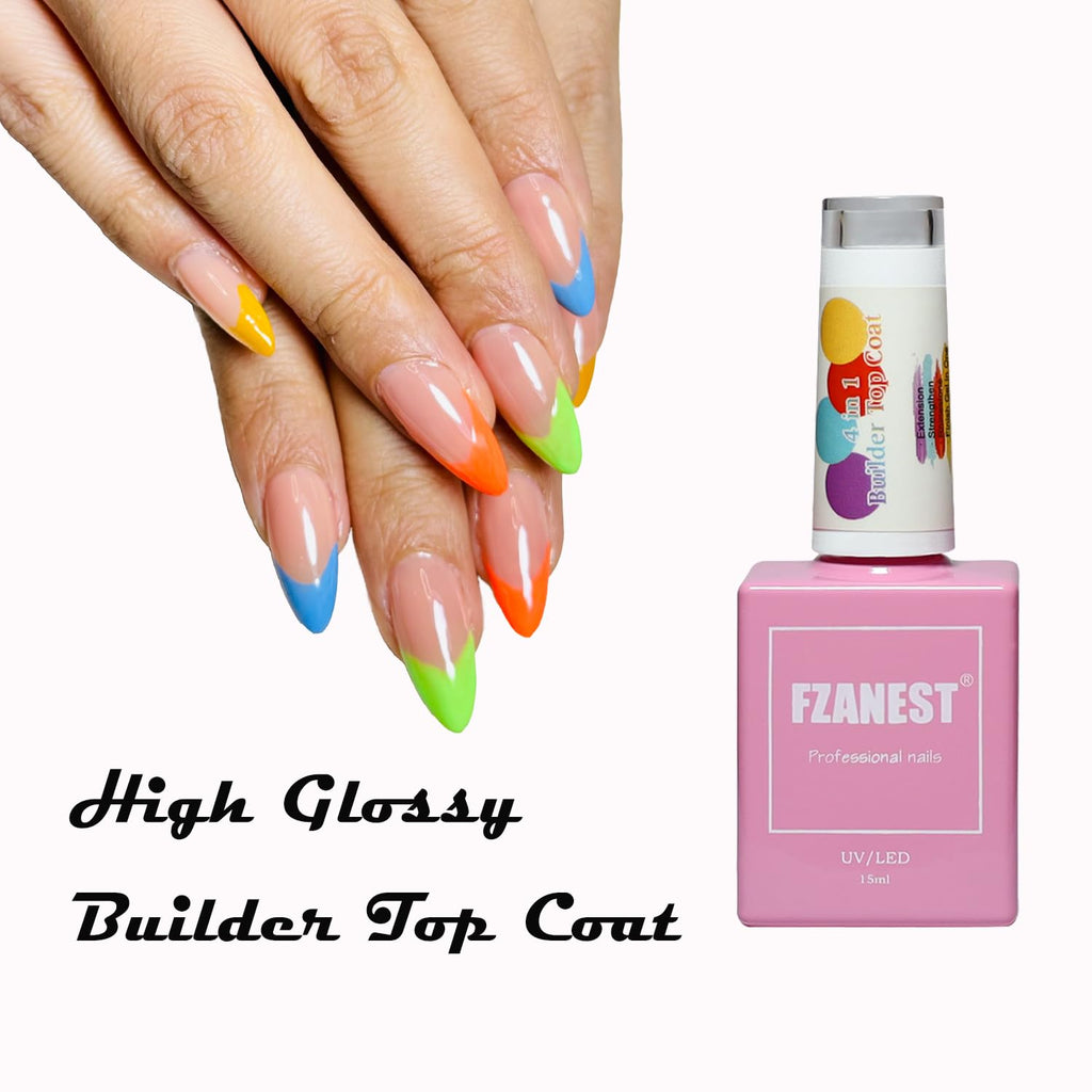 Builder Gel Top Coat For Nails 15ml, 5 in 1 Non Wipe Builder Hard Gel in a Bottle, High Gloss Shine No Wipe Top Coat