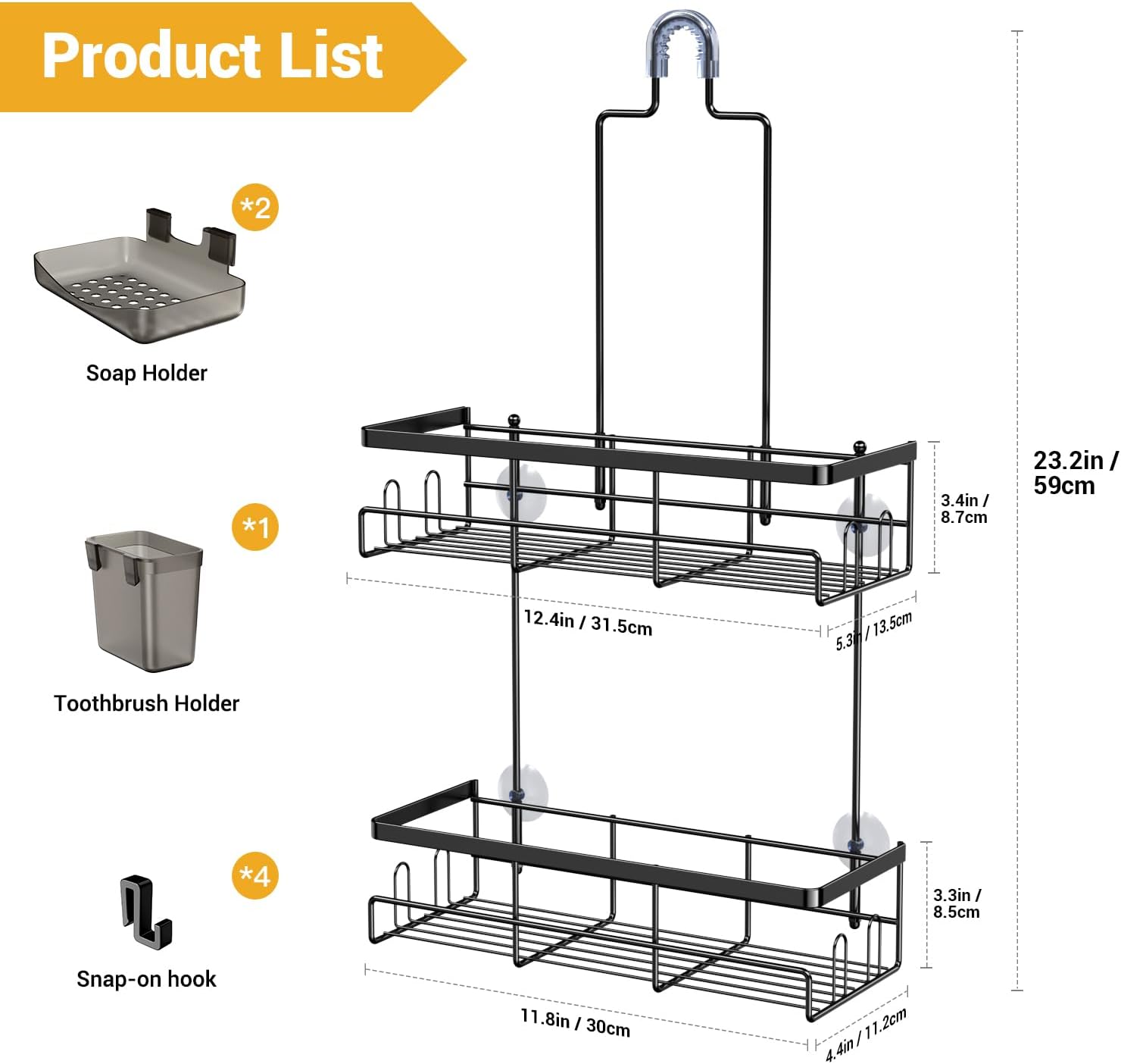 Hanging Shower Caddy Over Showerhead - Rustproof No Drill Shower Organizer | Includes Soap Holder and Hooks for