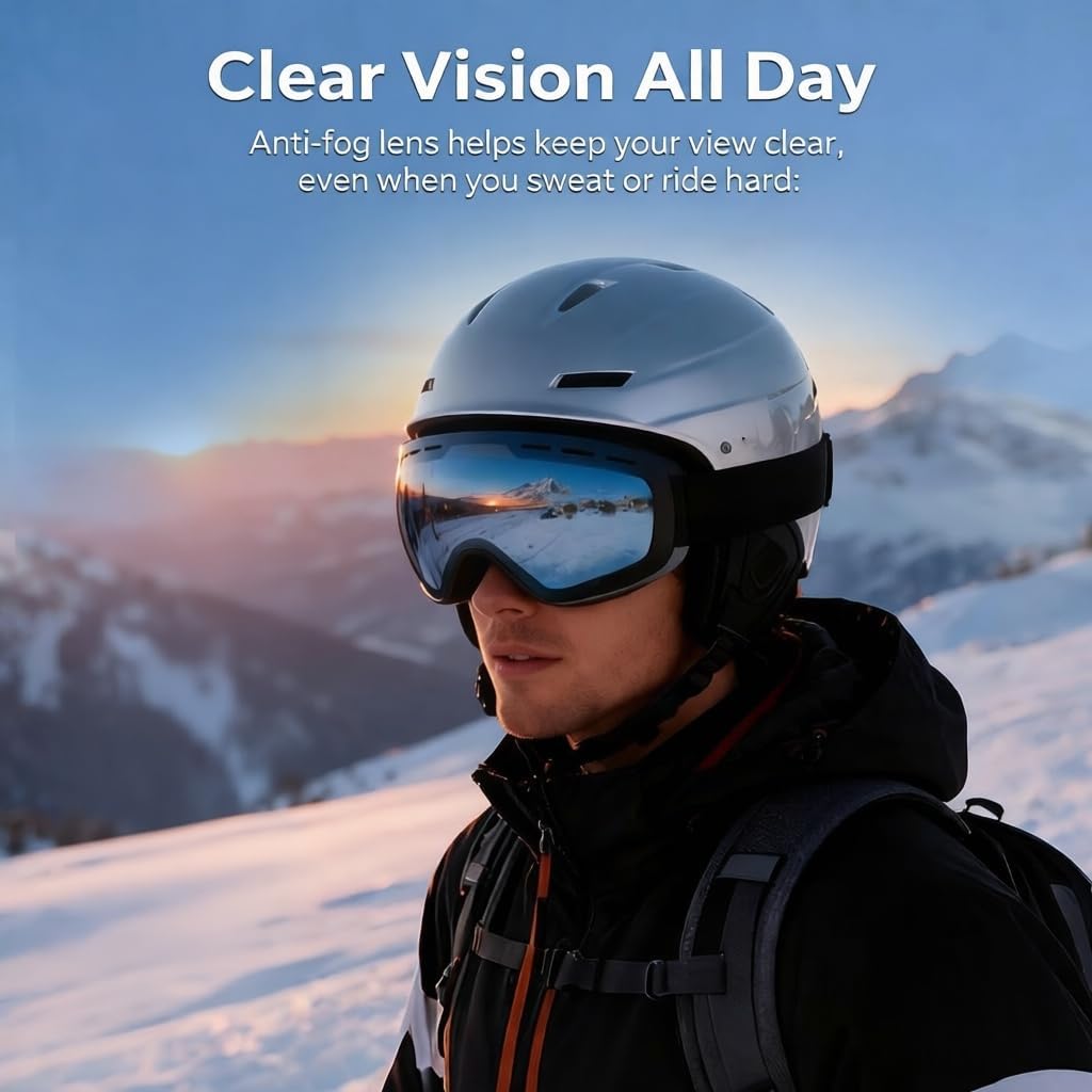 Ski Goggles - REVO Anti-Fog Lens, UV400 Protection, TPU Frame, for Men & Women (Silver & Gray Lens)