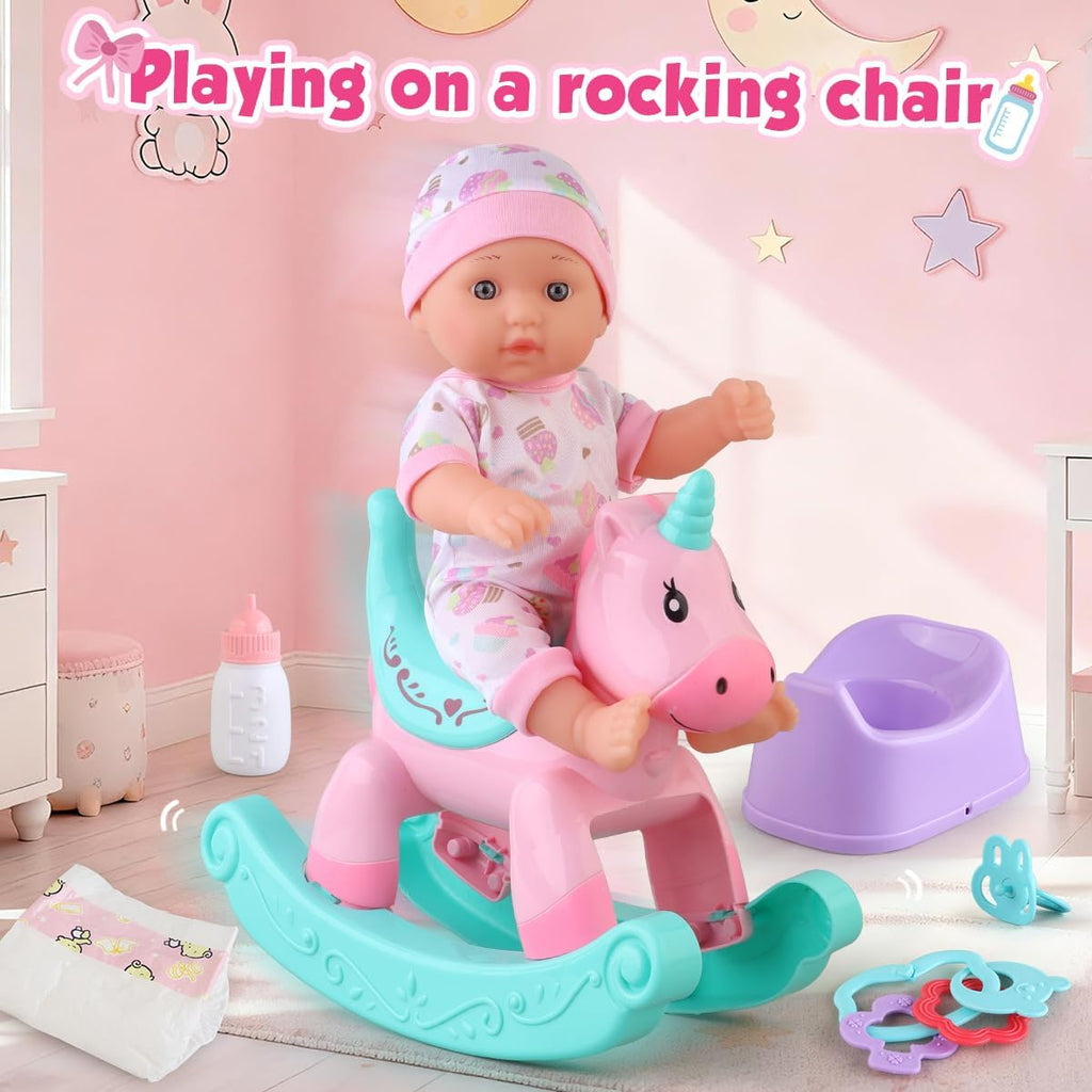 Baby Doll Bath Toys Set with Bathtub, 11" Baby Dolls, Rocking Chair,Swimming Ring, 2 Sets Baby Dolls Clothes and 15