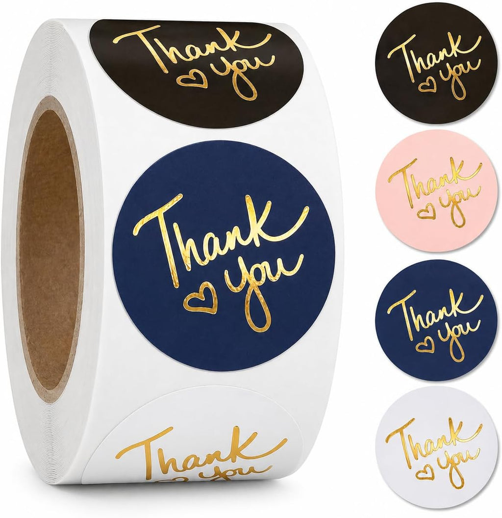 500 2 Inch Thank You Stickers, 1 Roll, Gold Foil Heart, Black White Pink