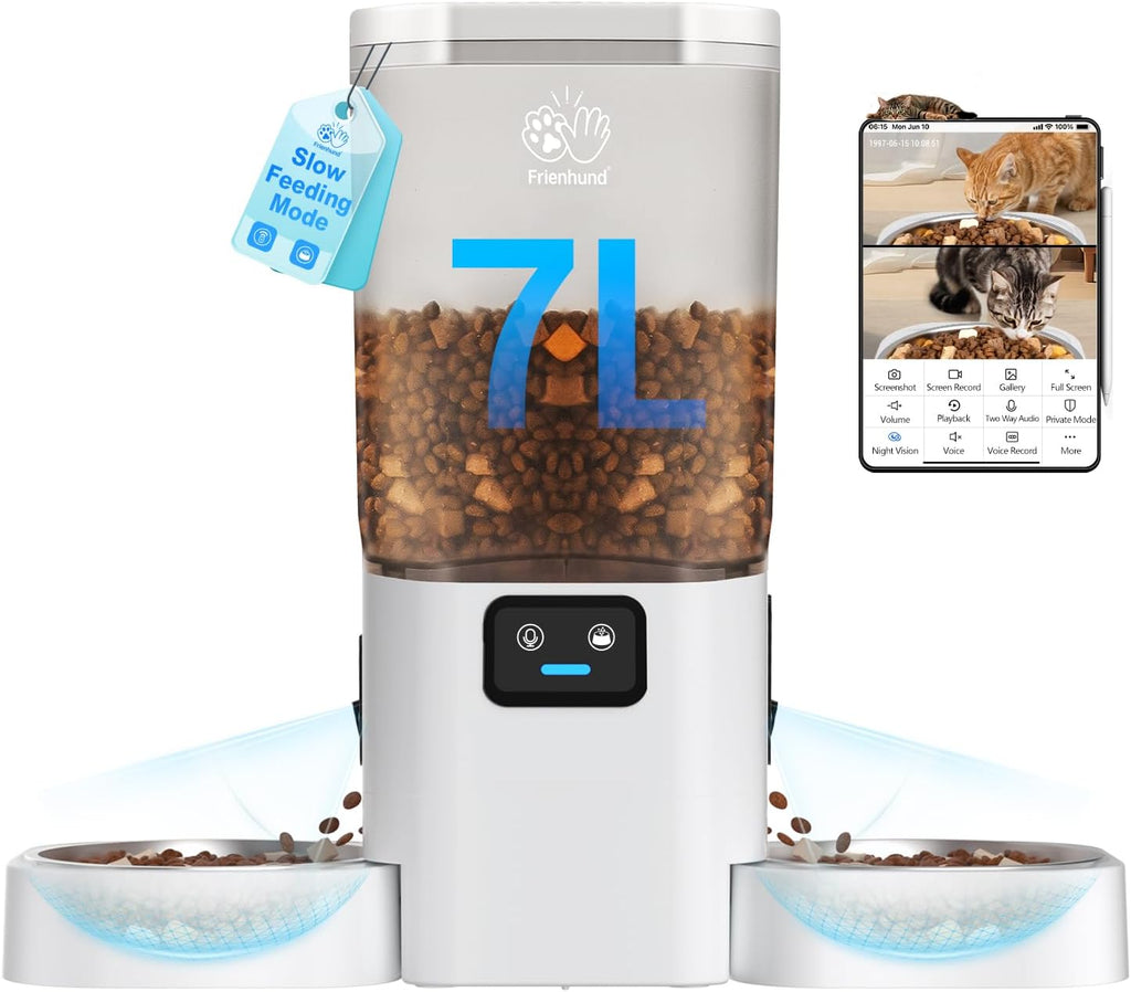 5G WiFi Automatic Cat Feeder with Two HD Camera: 7L Automatic Dog Feeder with Night Vision, Auto Cat Food Dispenser
