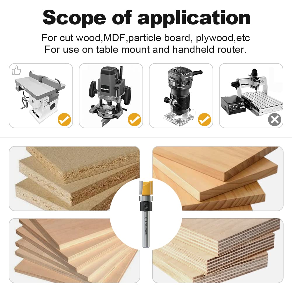 Pattern Flush Trim Router Bit 1/4 Inch Shank, 1/2 Inch Cutting Diameter, 1/2 Inch Cutting Length, Top Bearing Flush