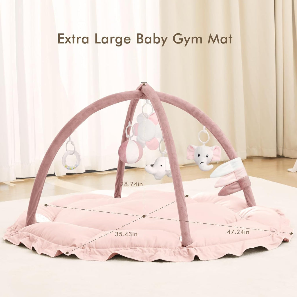 5 in 1 Baby Play Gym Mat, Reversible Tummy Time Mat with 5 Sensory Toys for Stage-Based Developmental, Thick & Large