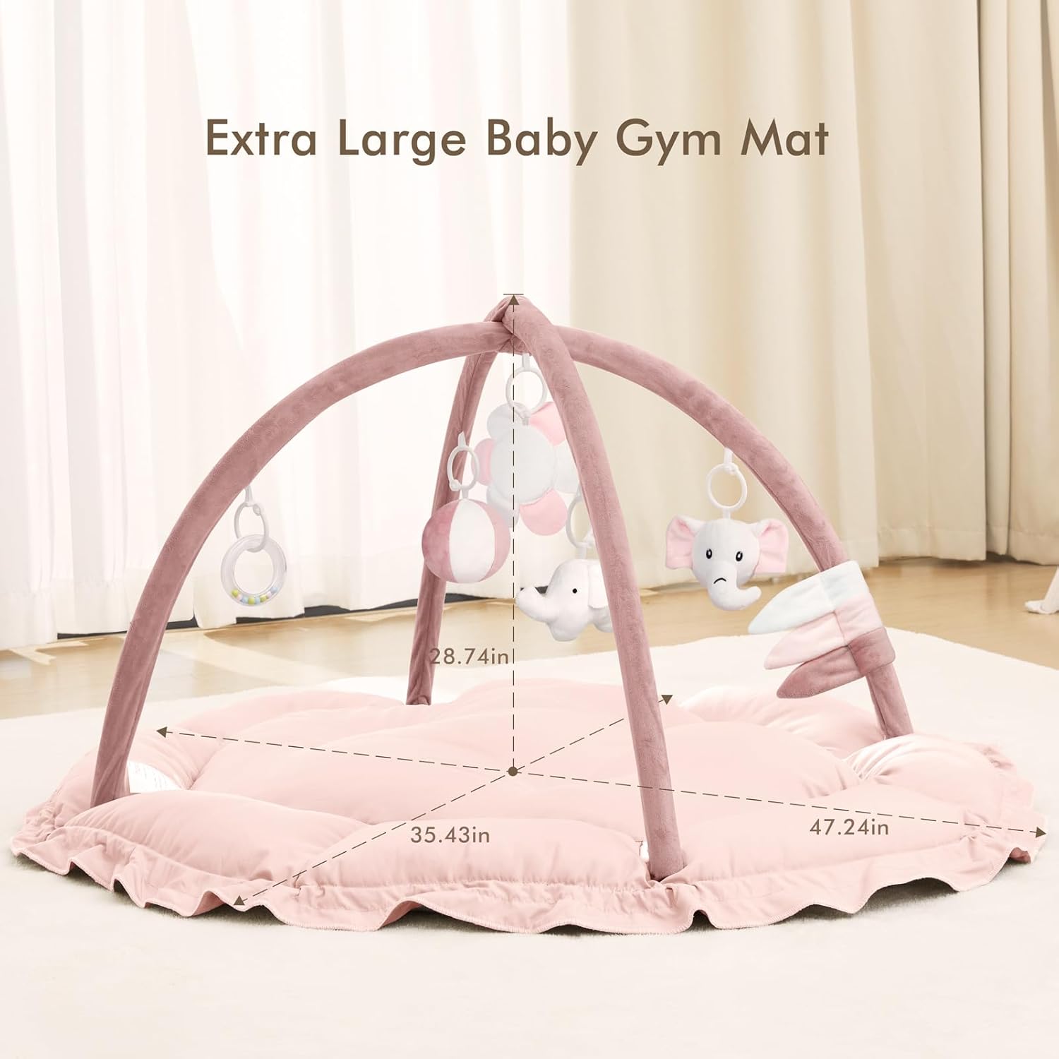 5 in 1 Baby Play Gym Mat, Reversible Tummy Time Mat with 5 Sensory Toys for Stage-Based Developmental, Thick & Large