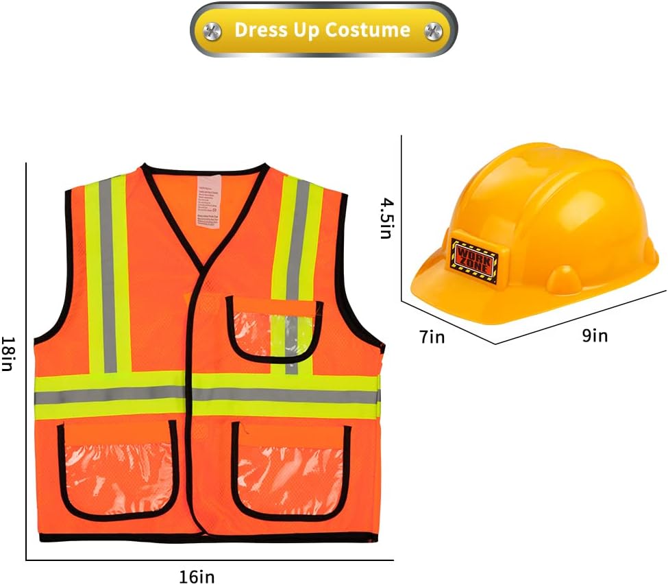 Construction Worker Costume for Boys, Pretend Builder Career Outfit with Self-assembly Engineer truck, Role Play