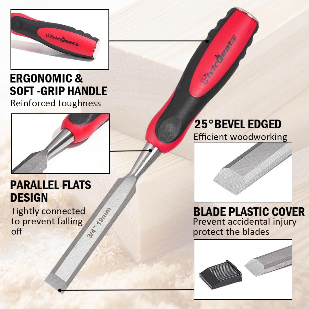 4 Piece Wood Chisel Set for Woodworking CR-V Steel Beveled Edge Wood Chisels with Strike Caps Protective Blade Covers