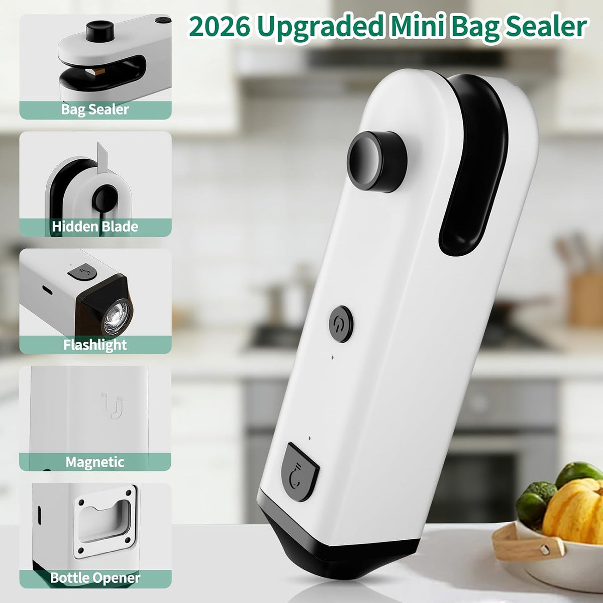 Mini Bag Sealer with Cutter and Magnet – 5-in-1 Rechargeable Handheld Heat Sealer with Bottle Opener, LED Flashlight