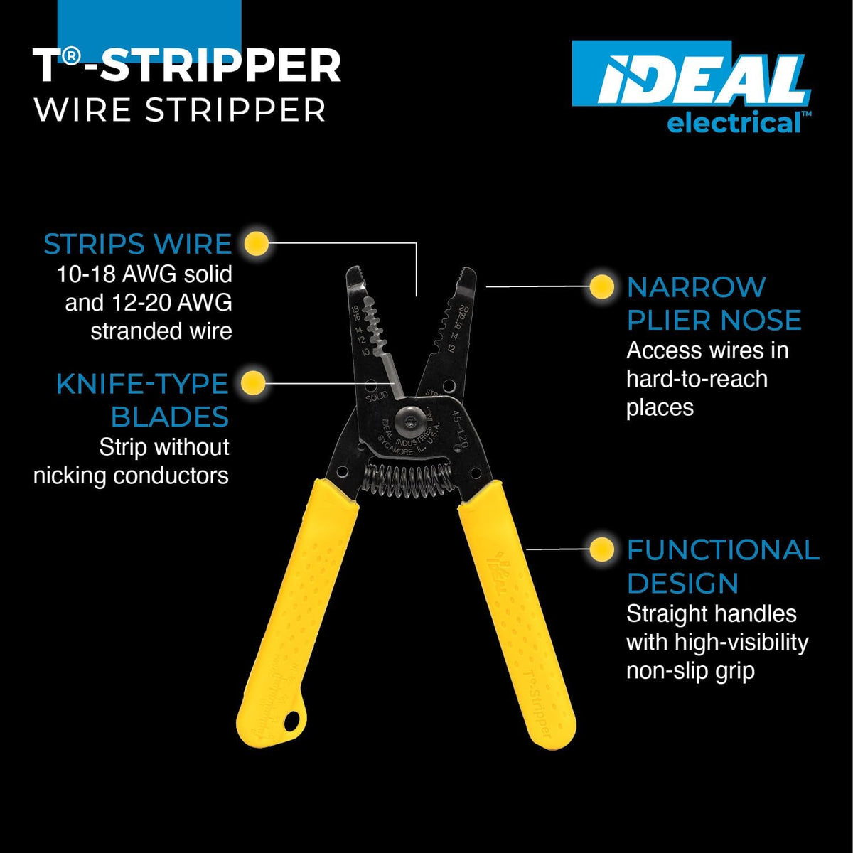 IDEAL Wire Strippers, Electrical T-Stripper, Pro Electrical Tool | Electric wire stripper, 0.75mm2-6mm2 plier, narrow