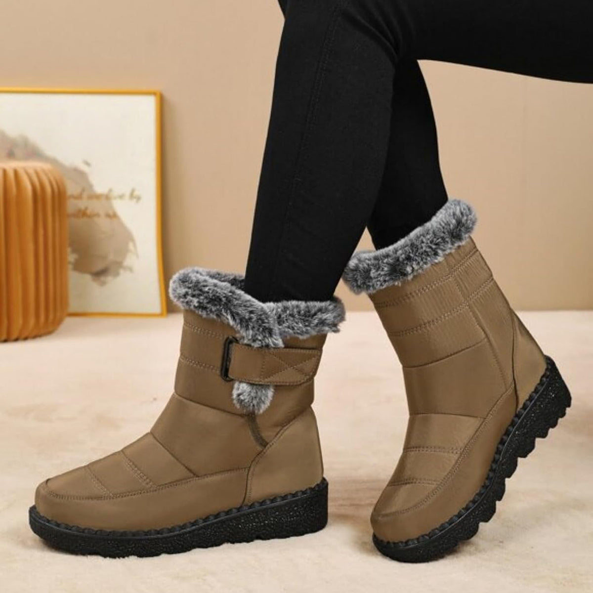 Women's Winter Snow Boots Mens Warm Fur Lined Snow Boots Anti-Slip Waterproof Mid-Calf Booties with Hook and Loop
