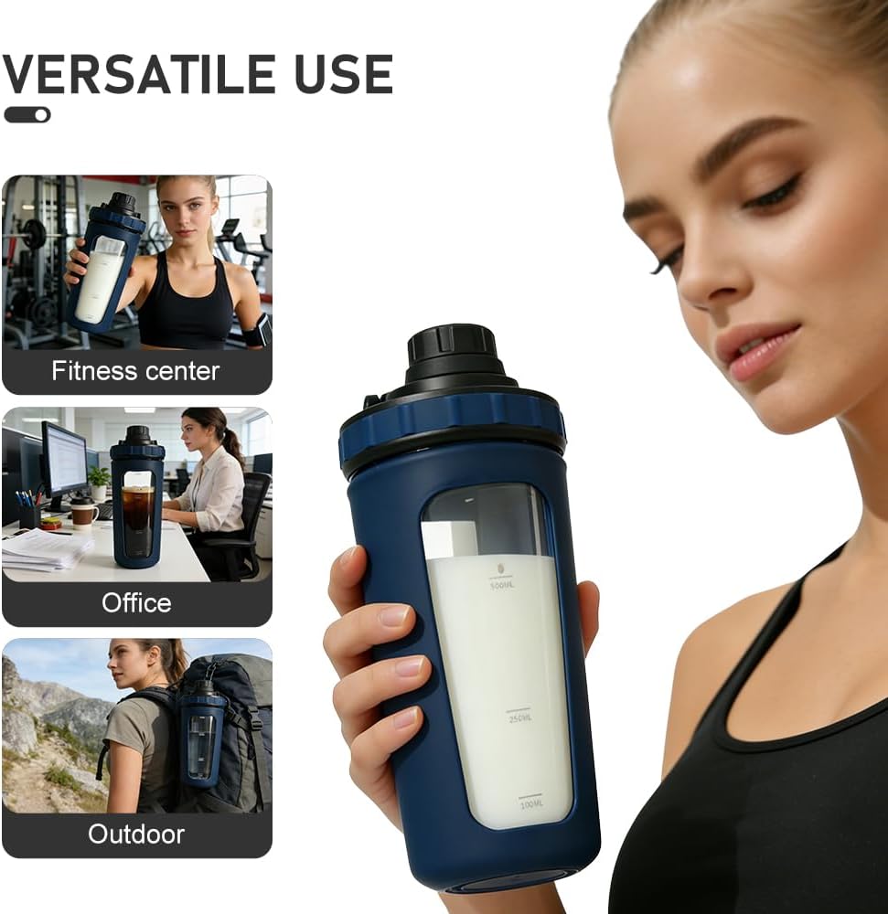 BYLWORKOUT 26 oz Glass Shaker Bottle with Silicone Sleeve and Mixing Ball