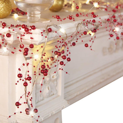 Indoor Christmas Decorations, Festive Lighted Berry Beaded Garland Red- 120" L