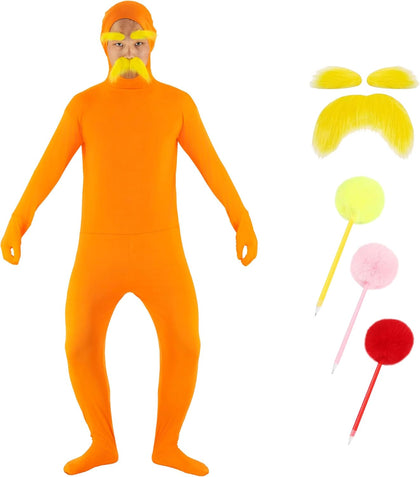 Orange Halloween Costume Adult Open Face Bodysuit | with Yellow Mustache Eyebrows Adult Open Face Bodysuit Men Women