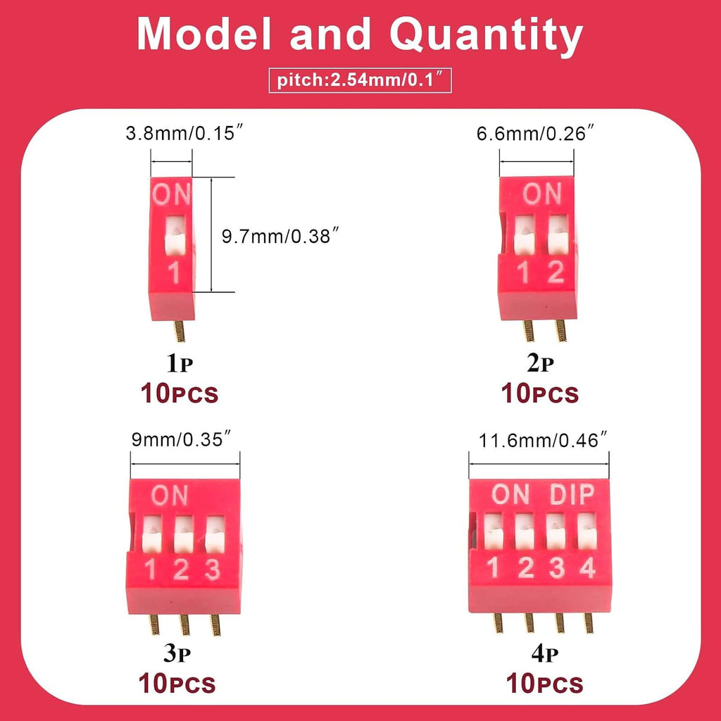 40pcs Slide Type Dip Switch Kit，Double Row Dip Switch, 1 2 3 4 Position 2.54mm PCB Mountable On Off Toggle Switch for Circuit,Breadboard