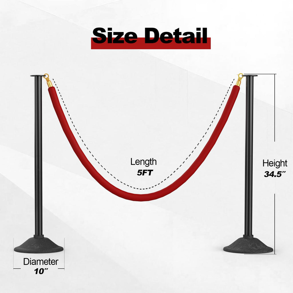 Stanchions Post with Red Velvet Ropes, Weighted Base, 34", 2 PCS