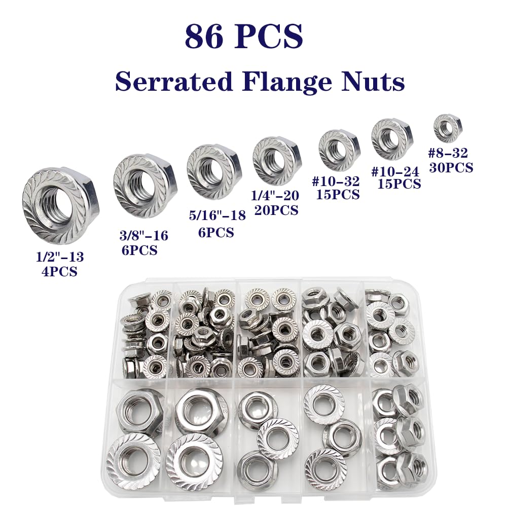 86 pcs SAE Flange Nut Assortment Kit,304 Stainless Steel Hex Lock Nuts
