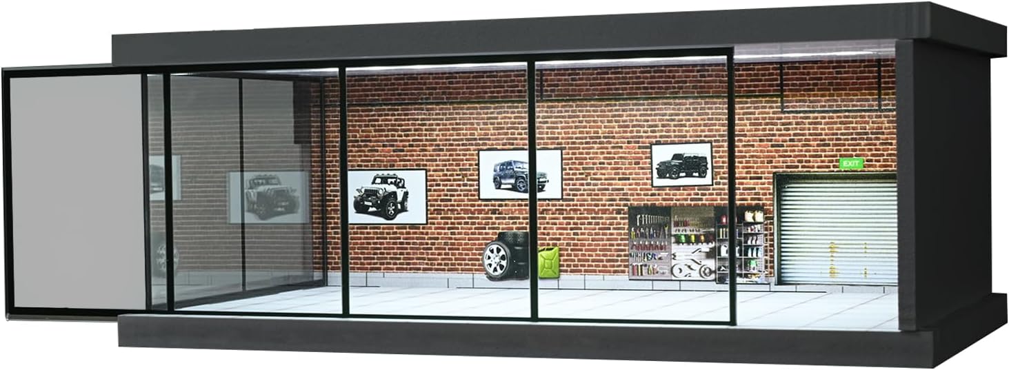 1/64 Diorama Garage Model LED Lighting Showroom Parking Lot Display Case | 5 Parking Space, Acrylic Dust Door, Red