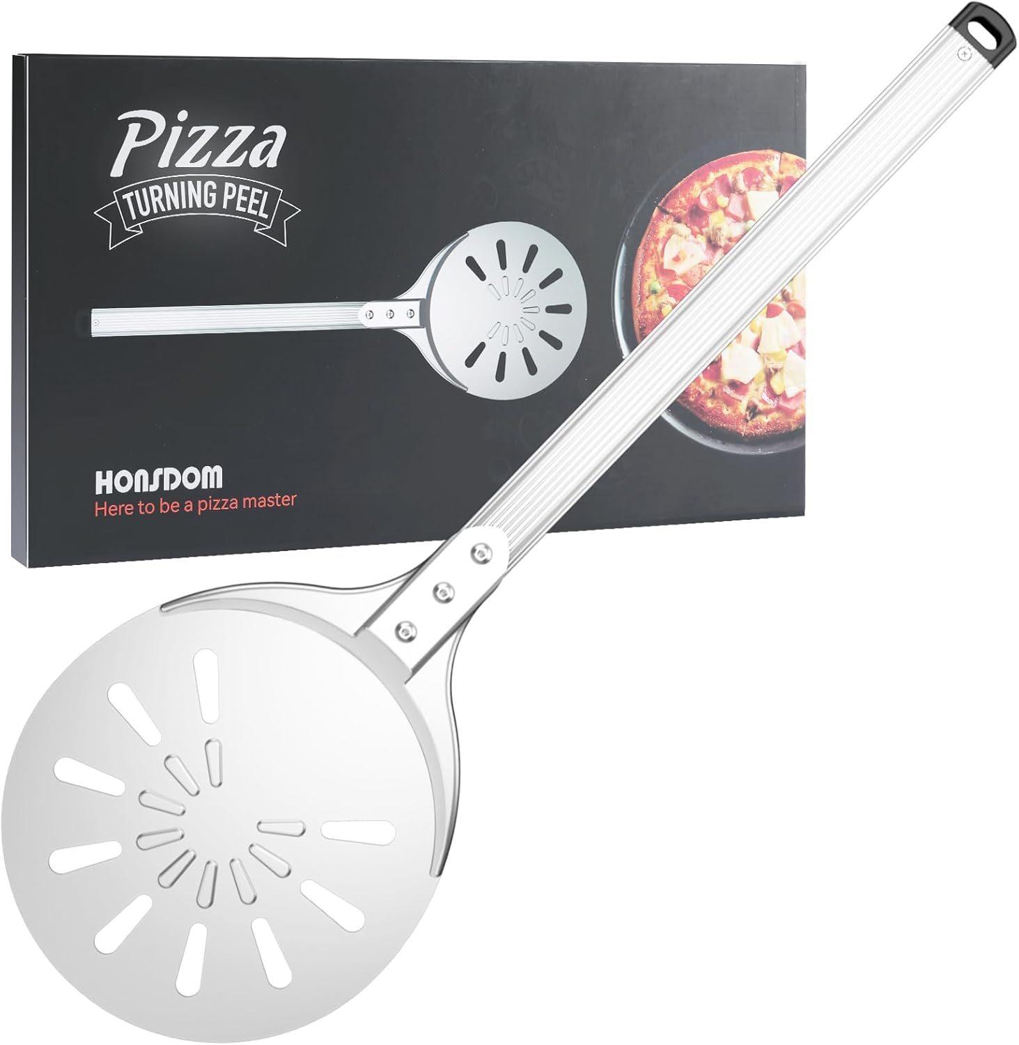 Pizza Turning Peel, 8-inch Pizza Peel Turner Spinner with Non-Slip Long Handle & Silicone Hanging Hook, Essential