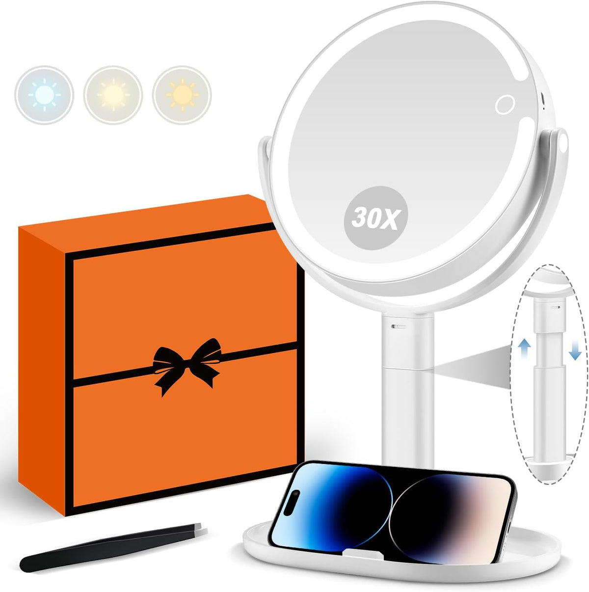 30X Magnifying Makeup Mirror with Lights, Rechargeable Desk Vanity Mirror