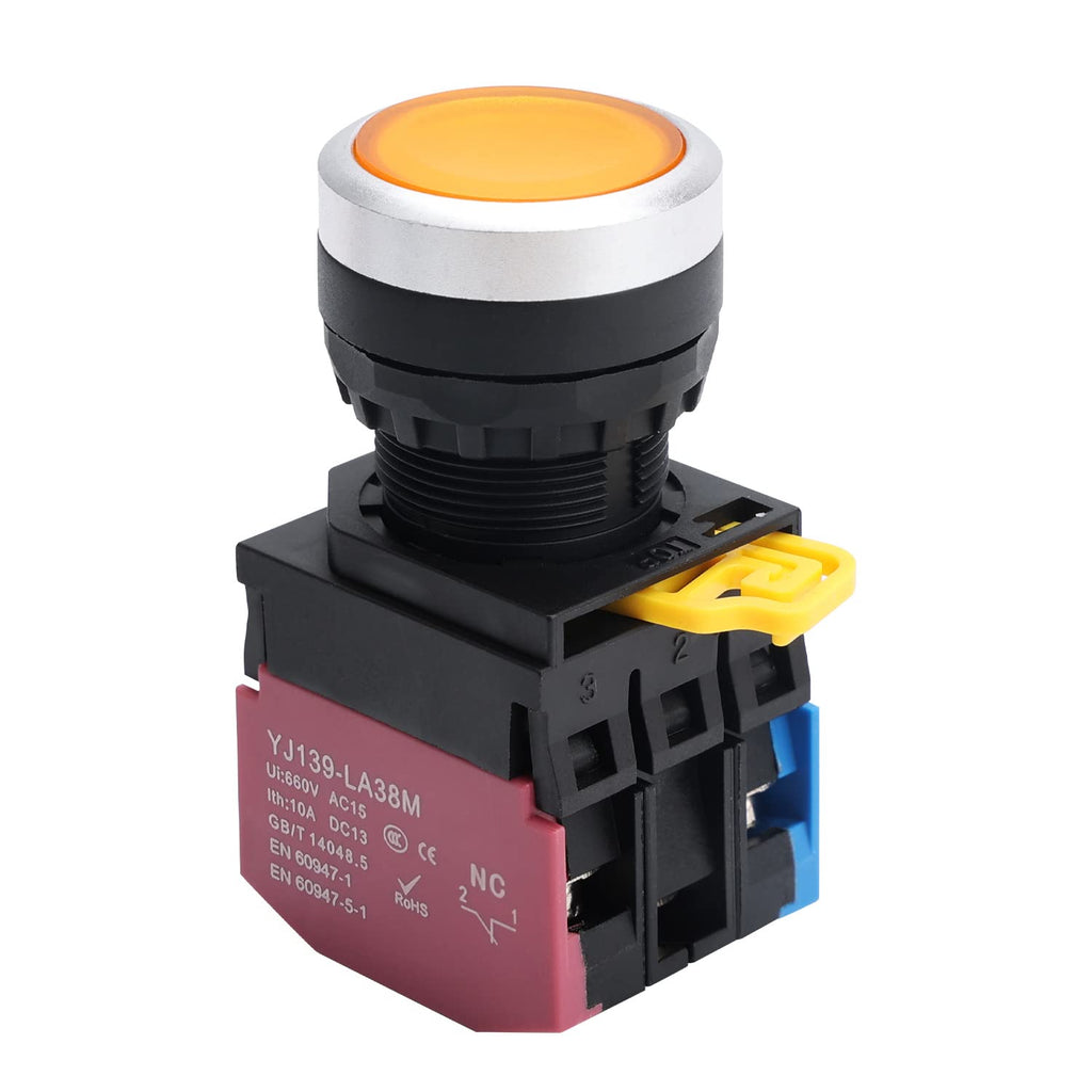 APIELE 22mm Latching Push Button Switch Metal Head Plastic Body 110V AC/DC Led 1NO 1NC Self-Locking