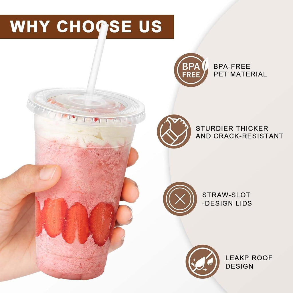 100 Pack 20 oz Disposable Clear Plastic Cups with Lids and Straws