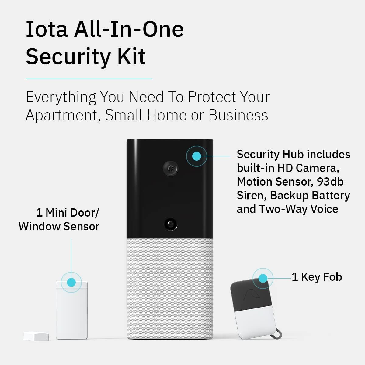 Iota All-in-One Security Kit with Integrated Camera, Alarm, Key Fob, Motion & Door/Window Sensors - DIY Installation