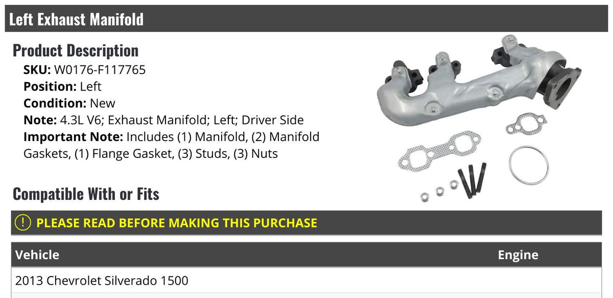 Left Driver Side Exhaust Manifold Kit with Gaskets and Hardware - Compatible with 2002-2013 Chevy Silverado 1500 4.3L V6