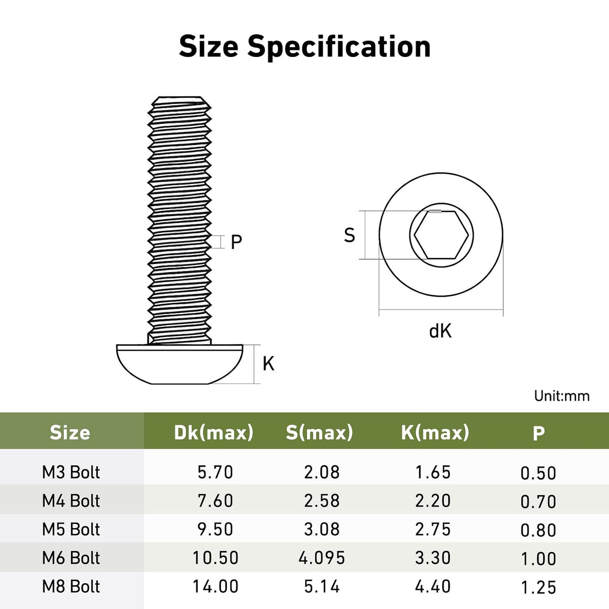 M3 x 20mm 300PCS Button Head Hex Socket Cap Screws Bolts, 304 Stainless Steel 18-8, Allen Hex Drive, Full Thread, Bright Finish, with Hex Spanner